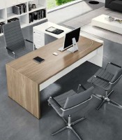 Bureau 220x194x76 T45 noyer retour droite caisson+tirette p. blancs